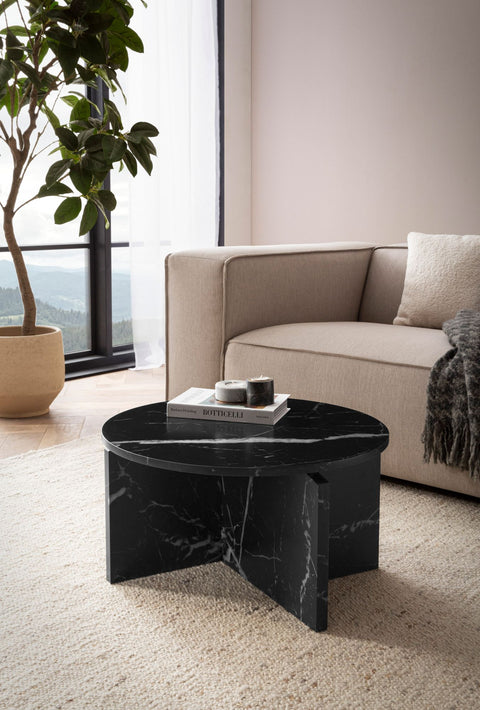 Rootz Modern Coffee Table - Round Black Look - Stylish Low Table - Anti-Slip Pads - 60cm x 60cm x 33cm