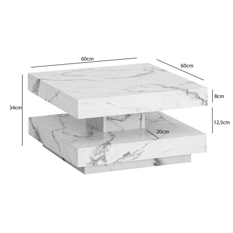 Rootz Square Coffee Table - Modern Marble Table - White Living Room Table - Anti-Slip Pads - 60cm x 60cm x 34cm