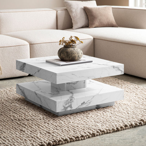 Rootz Square Coffee Table - Modern Marble Table - White Living Room Table - Anti-Slip Pads - 60cm x 60cm x 34cm