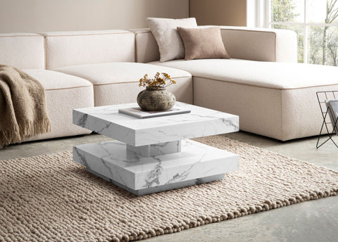 Rootz Square Coffee Table - Modern Marble Table - White Living Room Table - Anti-Slip Pads - 60cm x 60cm x 34cm