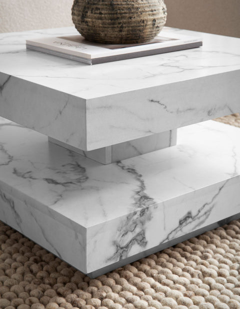 Rootz Square Coffee Table - Modern Marble Table - White Living Room Table - Anti-Slip Pads - 60cm x 60cm x 34cm