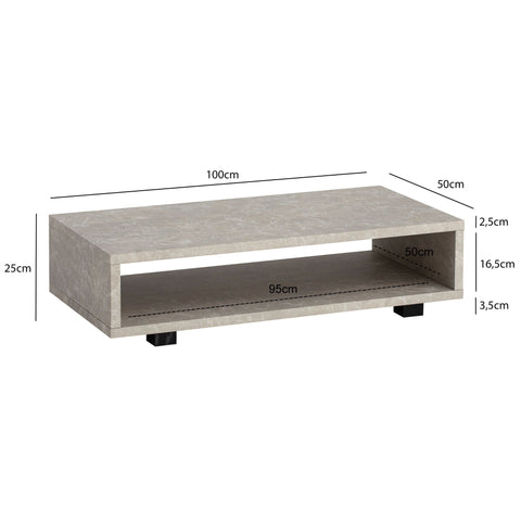 Rootz Modern Coffee Table - Matte Stone Look - Open Storage - Scratch-Proof Design - 100cm x 50cm x 25cm