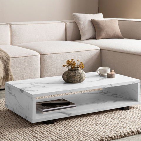 Rootz Modern Coffee Table - Marble Look - Large Table Top - Barrier-Free Storage - 100cm x 50cm x 25cm