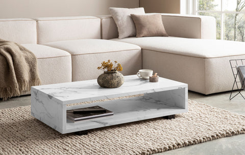 Rootz Modern Coffee Table - Marble Look - Large Table Top - Barrier-Free Storage - 100cm x 50cm x 25cm