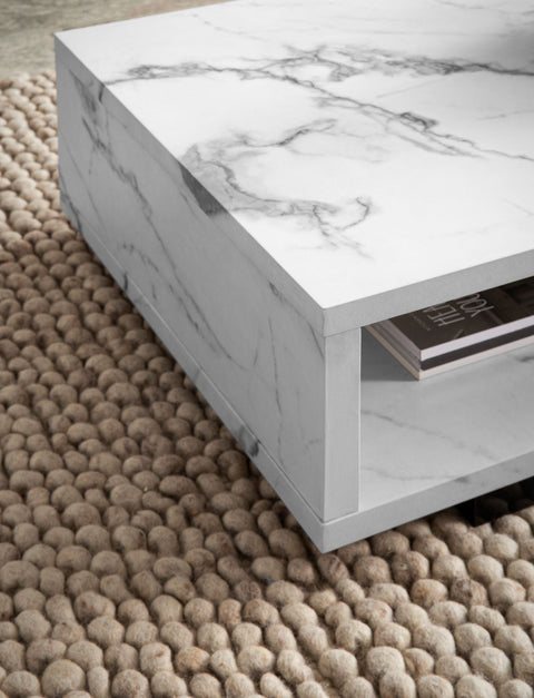Rootz Modern Coffee Table - Marble Look - Large Table Top - Barrier-Free Storage - 100cm x 50cm x 25cm