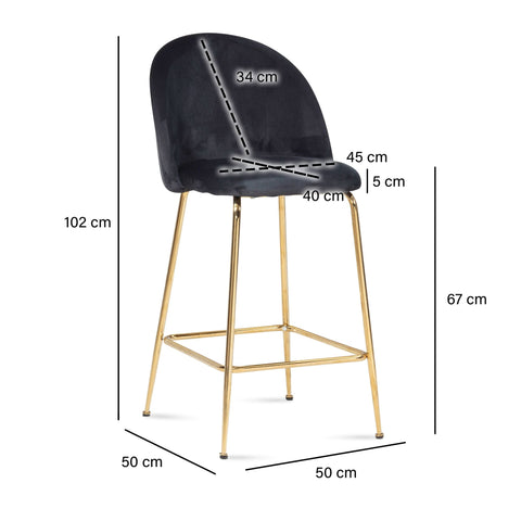 Rootz Scandinavian Design Bar Stools - High Seating Comfort - Velvet Seat - Gold Legs - 50cm x 102cm x 50cm