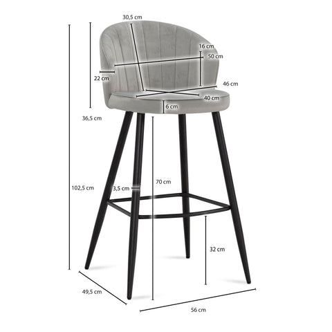 Rootz Scandinavian Design Bar Stools - Modern Stool - Velvet Seat - High Comfort - 56cm x 102.5cm x 52.5cm