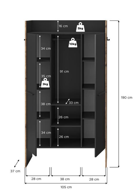 Rootz Wardrobe - Clothes Storage - Organizer - Modern Style - Black - 105x189x37cm