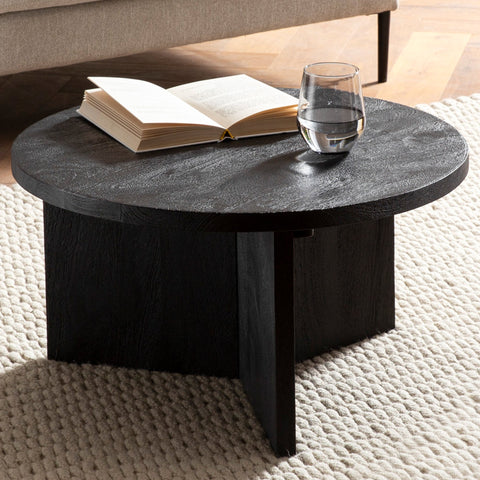 Rootz Modern Design Coffee Table - Round Table - Tripod Frame - Handmade - Mango Solid Wood - Unique - Black - 60cm x 60cm x 33cm