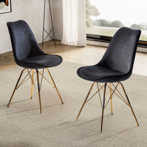 Rootz Set of 2 Modern Dining Chairs - Kitchen Chairs - Velvet Upholstery - Golden Legs - 48cm x 85cm x 58cm - Scandinavian Design - Seat Cushion - Robust Legs - Longer Sitting Pleasure