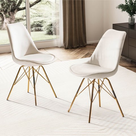 Rootz Set of 2 Modern Dining Chairs - Scandinavian Design - Velvet Upholstery - Golden Legs - Beige Seat Shells - 48cm x 85cm x 58cm