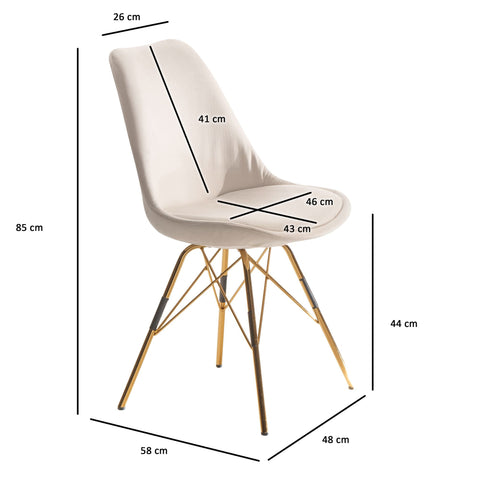 Rootz Set of 2 Modern Dining Chairs - Scandinavian Design - Velvet Upholstery - Golden Legs - Beige Seat Shells - 48cm x 85cm x 58cm