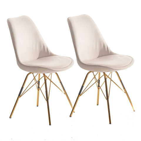 Rootz Set of 2 Modern Dining Chairs - Scandinavian Design - Velvet Upholstery - Golden Legs - Beige Seat Shells - 48cm x 85cm x 58cm