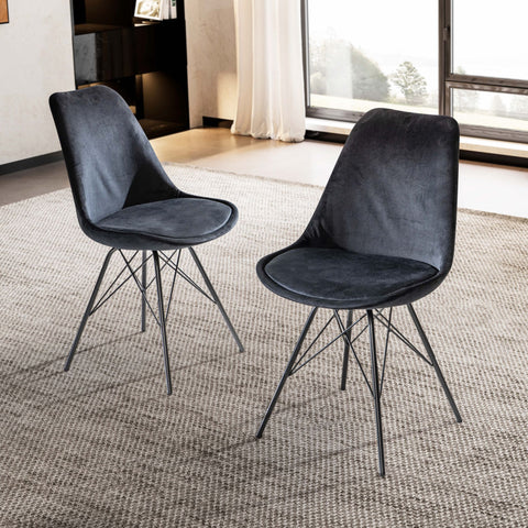 Rootz Set of 2 Modern Dining Chairs - Scandinavian Design - Velvet Seat Cushion - Sturdy Metal Legs - 48cm x 85cm x 58cm - Black - Plastic Caps - Comfortable Padding - Easy Assembly