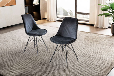 Rootz Set of 2 Modern Dining Chairs - Scandinavian Design - Velvet Seat Cushion - Sturdy Metal Legs - 48cm x 85cm x 58cm - Black - Plastic Caps - Comfortable Padding - Easy Assembly