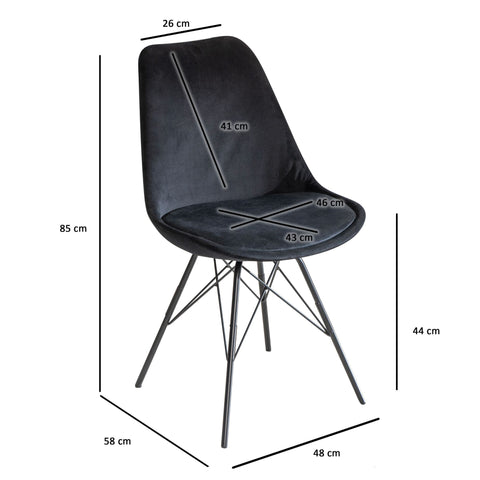 Rootz Set of 2 Modern Dining Chairs - Scandinavian Design - Velvet Seat Cushion - Sturdy Metal Legs - 48cm x 85cm x 58cm - Black - Plastic Caps - Comfortable Padding - Easy Assembly