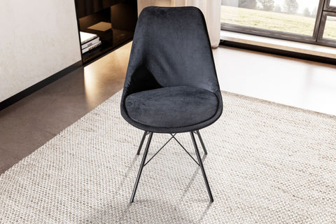 Rootz Set of 2 Modern Dining Chairs - Scandinavian Design - Velvet Seat Cushion - Sturdy Metal Legs - 48cm x 85cm x 58cm - Black - Plastic Caps - Comfortable Padding - Easy Assembly