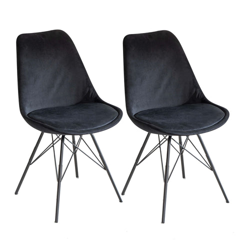 Rootz Set of 2 Modern Dining Chairs - Scandinavian Design - Velvet Seat Cushion - Sturdy Metal Legs - 48cm x 85cm x 58cm - Black - Plastic Caps - Comfortable Padding - Easy Assembly