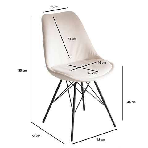 Rootz Set of 2 Modern Dining Chairs - Scandinavian Design - Velvet Upholstery - Sturdy Metal Legs - Beige - 48cm x 85cm x 58cm - Prevents Floor Scratching - Comfortable Sitting - Easy Assembly