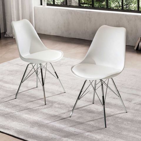 Rootz Set of 2 Modern Dining Chairs - Scandinavian Design - Kitchen Chairs - White Seat Shells - Silver Legs - Plastic Caps - Lush Upholstery - 48cm x 85cm x 58cm