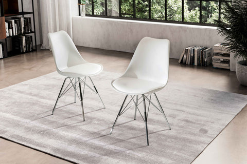 Rootz Set of 2 Modern Dining Chairs - Scandinavian Design - Kitchen Chairs - White Seat Shells - Silver Legs - Plastic Caps - Lush Upholstery - 48cm x 85cm x 58cm