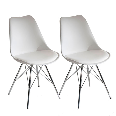 Rootz Set of 2 Modern Dining Chairs - Scandinavian Design - Kitchen Chairs - White Seat Shells - Silver Legs - Plastic Caps - Lush Upholstery - 48cm x 85cm x 58cm