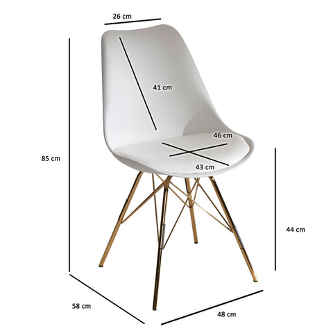 Rootz Set of 2 Modern Dining Chairs - Scandinavian Design - Kitchen Chairs - Plastic Seat Shells - Golden Legs - 48cm x 85cm x 58cm