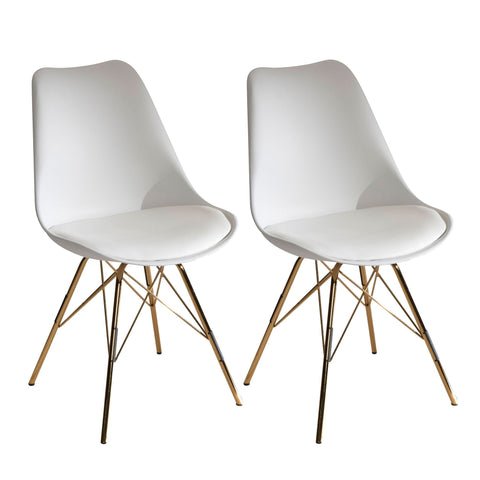 Rootz Set of 2 Modern Dining Chairs - Scandinavian Design - Kitchen Chairs - Plastic Seat Shells - Golden Legs - 48cm x 85cm x 58cm