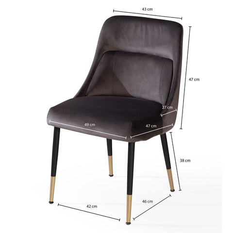 Rootz Modern Design Dining Chair - Kitchen Chair - Velvet Cover - Metal Legs - 49cm x 85cm x 56cm - Gray & Gold - Comfortable Padding - Stain Resistant - Easy Assembly