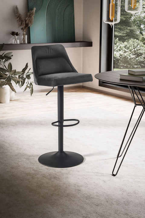Rootz Velvet Gray Bar Stool - Swivel Kitchen Stool - Bistro Chair - High Comfort Design - Adjustable Height 86-106cm - 45cm Base Diameter