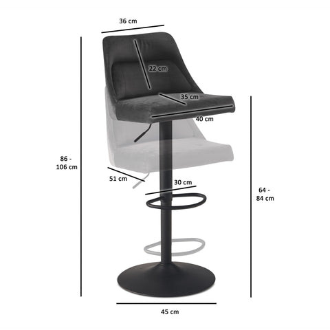 Rootz Velvet Gray Bar Stool - Swivel Kitchen Stool - Bistro Chair - High Comfort Design - Adjustable Height 86-106cm - 45cm Base Diameter