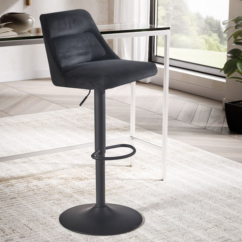 Rootz Velvet Bar Stool - Black Kitchen Stool - Bistro Chair - Modern Design - 360° Swivel - Adjustable Height 86-106cm - Comfortable Padding - 45cm x 51cm