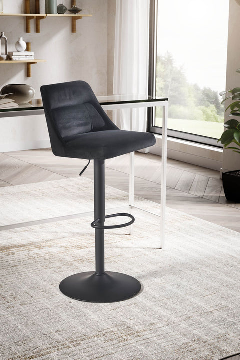 Rootz Velvet Bar Stool - Black Kitchen Stool - Bistro Chair - Modern Design - 360° Swivel - Adjustable Height 86-106cm - Comfortable Padding - 45cm x 51cm