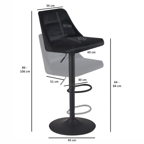 Rootz Velvet Bar Stool - Black Kitchen Stool - Bistro Chair - Modern Design - 360° Swivel - Adjustable Height 86-106cm - Comfortable Padding - 45cm x 51cm
