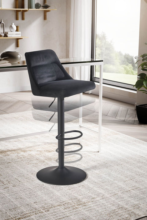 Rootz Velvet Bar Stool - Black Kitchen Stool - Bistro Chair - Modern Design - 360° Swivel - Adjustable Height 86-106cm - Comfortable Padding - 45cm x 51cm