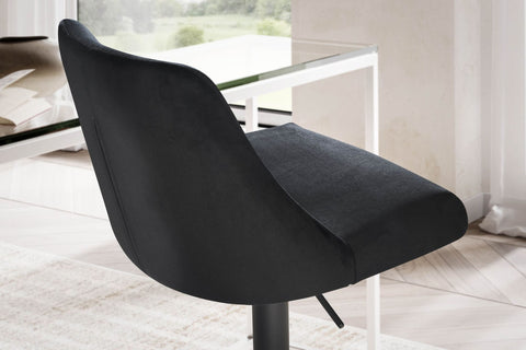 Rootz Velvet Bar Stool - Black Kitchen Stool - Bistro Chair - Modern Design - 360° Swivel - Adjustable Height 86-106cm - Comfortable Padding - 45cm x 51cm