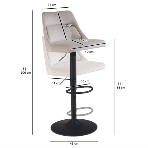 Rootz Modern Design Bar Stool - Velvet Seat - Swivel Chair - Metal Base - High Seating Comfort - Adjustable Height - 45cm x 86-106cm x 51cm