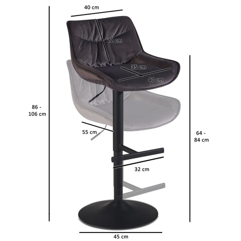 Rootz Velvet Gray Bar Stool - Kitchen Stool - Swivel Chair - High Comfort Design - Adjustable Height - 360° Rotation - 45cm x 55cm x 86-106cm