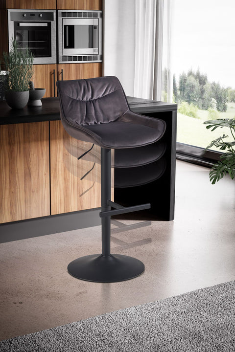 Rootz Velvet Gray Bar Stool - Kitchen Stool - Swivel Chair - High Comfort Design - Adjustable Height - 360° Rotation - 45cm x 55cm x 86-106cm