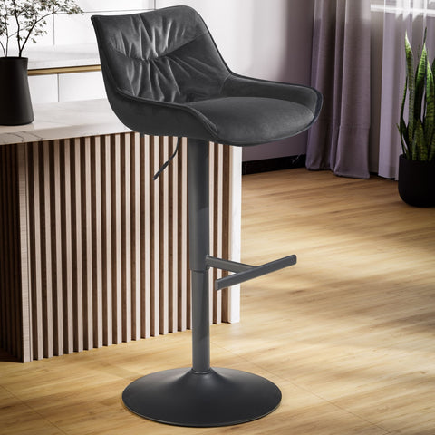 Rootz Velvet Bar Stool - Black Kitchen Stool - Modern Bistro Chair - 360° Swivel - Adjustable Height - Comfort Padding - 45cm x 55cm x 86-106cm