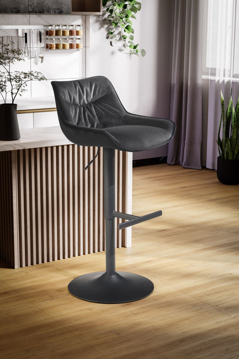 Rootz Velvet Bar Stool - Black Kitchen Stool - Modern Bistro Chair - 360° Swivel - Adjustable Height - Comfort Padding - 45cm x 55cm x 86-106cm