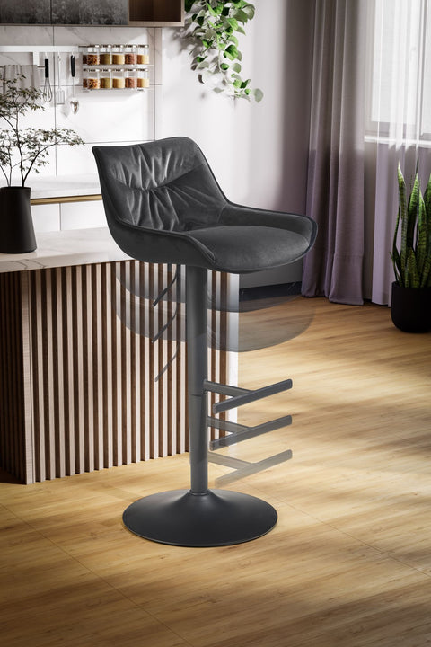 Rootz Velvet Bar Stool - Black Kitchen Stool - Modern Bistro Chair - 360° Swivel - Adjustable Height - Comfort Padding - 45cm x 55cm x 86-106cm