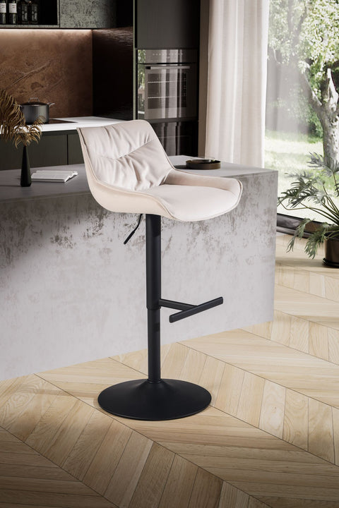 Rootz Modern Design Bar Stool - Velvet Seat - Swivel Chair - Metal Base - Beige - 45cm x 86-106cm x 55cm