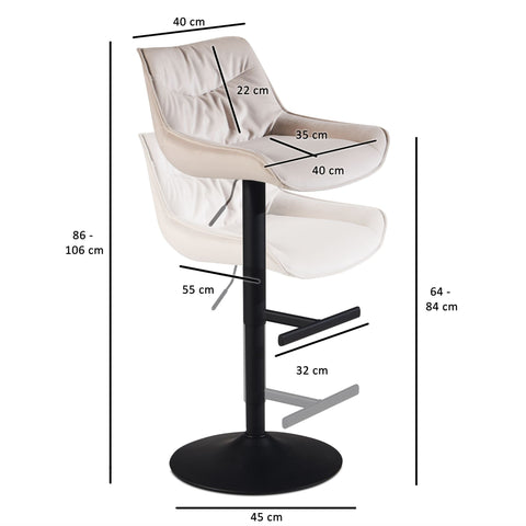 Rootz Modern Design Bar Stool - Velvet Seat - Swivel Chair - Metal Base - Beige - 45cm x 86-106cm x 55cm