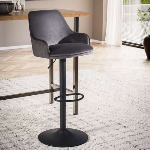 Rootz Modern Design Bar Stool - Velvet Seat - Diamond Quilting - Metal Trumpet Base - 45cm x 86-106cm x 45cm - Gray - 360° Rotation - 100kg Capacity
