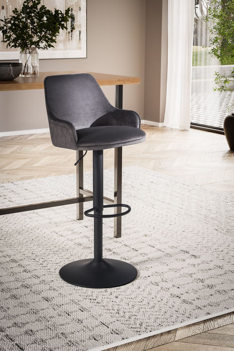 Rootz Modern Design Bar Stool - Velvet Seat - Diamond Quilting - Metal Trumpet Base - 45cm x 86-106cm x 45cm - Gray - 360° Rotation - 100kg Capacity