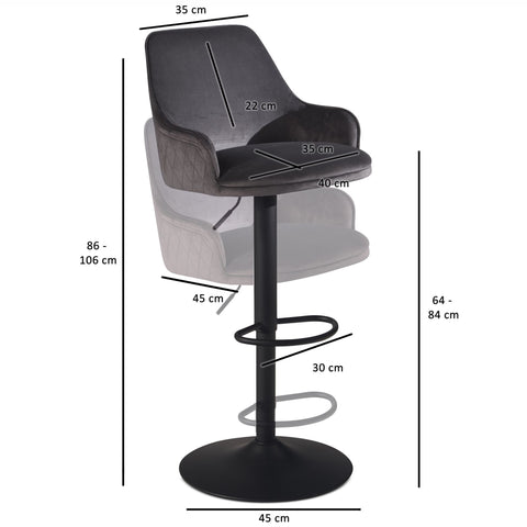Rootz Modern Design Bar Stool - Velvet Seat - Diamond Quilting - Metal Trumpet Base - 45cm x 86-106cm x 45cm - Gray - 360° Rotation - 100kg Capacity
