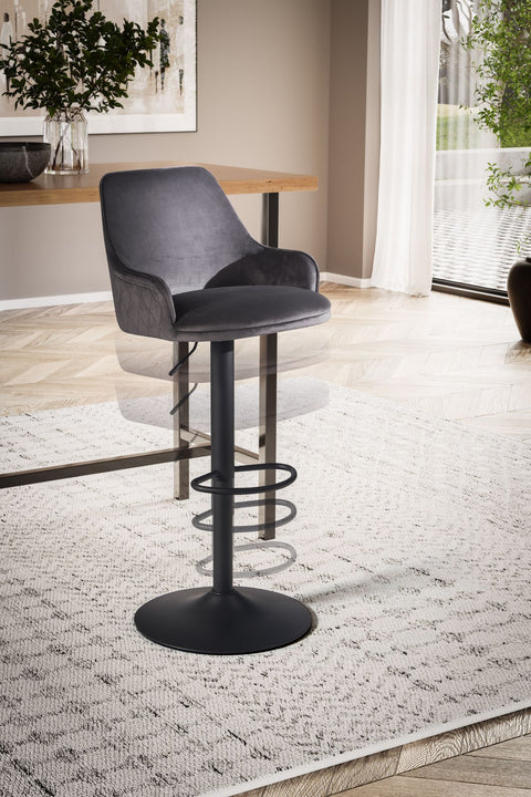 Rootz Modern Design Bar Stool - Velvet Seat - Diamond Quilting - Metal Trumpet Base - 45cm x 86-106cm x 45cm - Gray - 360° Rotation - 100kg Capacity
