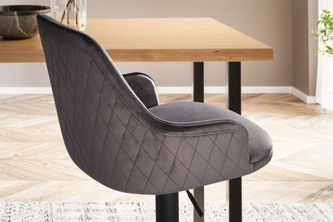 Rootz Modern Design Bar Stool - Velvet Seat - Diamond Quilting - Metal Trumpet Base - 45cm x 86-106cm x 45cm - Gray - 360° Rotation - 100kg Capacity