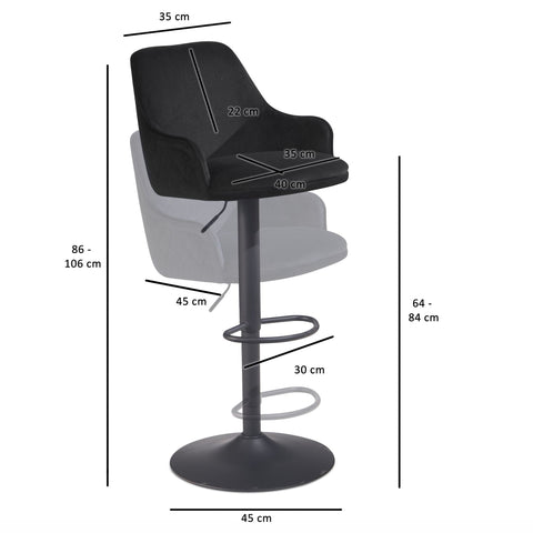 Rootz Modern Design Bar Stool - Velvet Seat - Diamond Quilting - Metal Base - 45cm x 86-106cm x 45cm